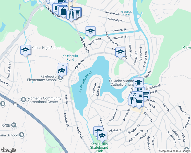 map of restaurants, bars, coffee shops, grocery stores, and more near 1271 Kahili Street in Kailua