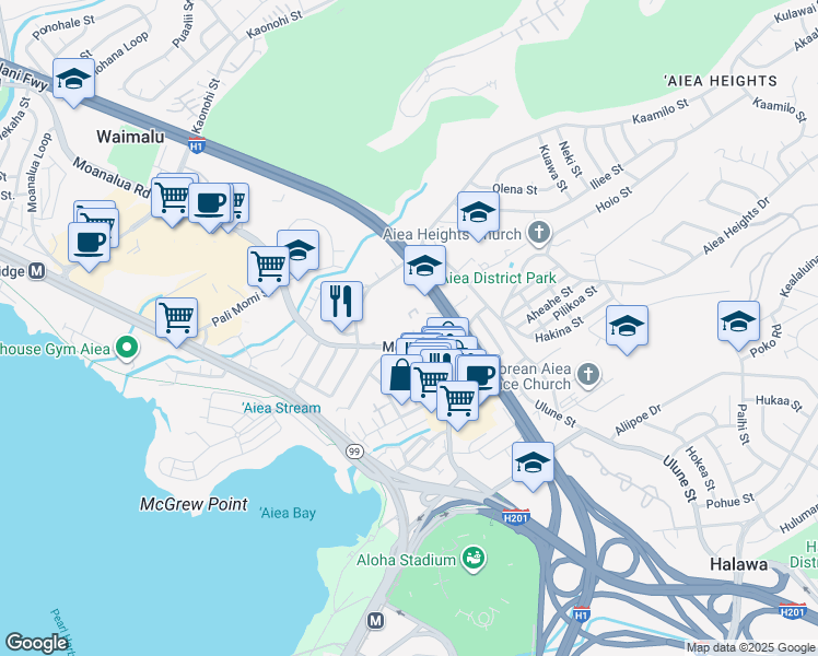 map of restaurants, bars, coffee shops, grocery stores, and more near 98-1230 Moanalua Road in Aiea