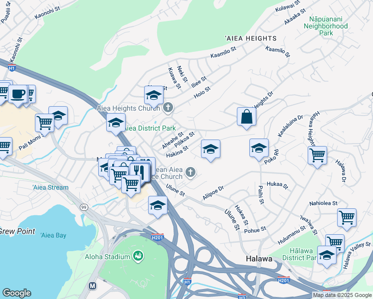 map of restaurants, bars, coffee shops, grocery stores, and more near 99-407 Pilikoa Street in Aiea