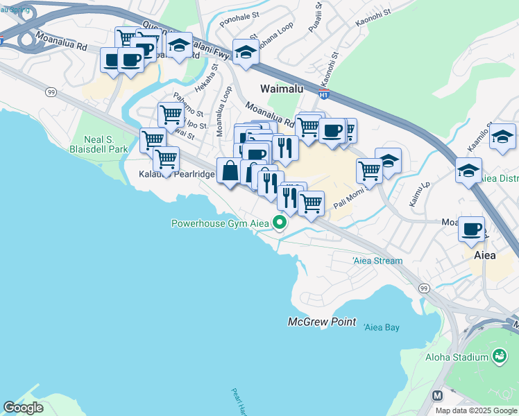 map of restaurants, bars, coffee shops, grocery stores, and more near 98-107 Lipoa Place in Aiea