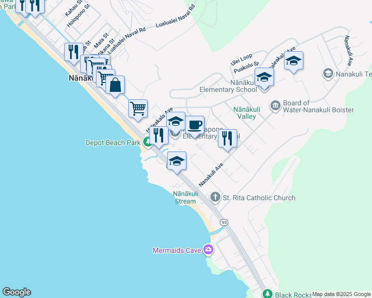 map of restaurants, bars, coffee shops, grocery stores, and more near 89-102 Farrington Highway in Waianae