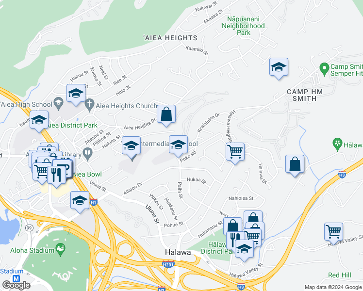 map of restaurants, bars, coffee shops, grocery stores, and more near 99-714 Kealaluina Drive in Aiea