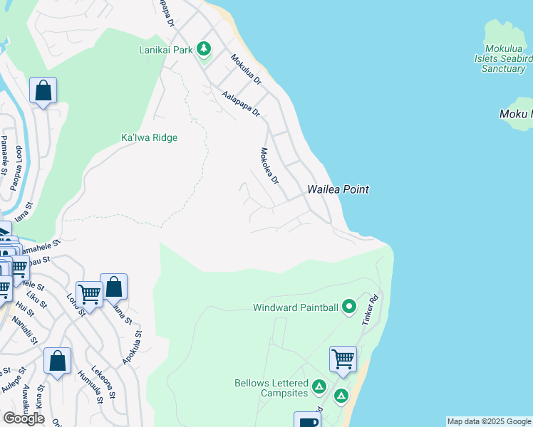 map of restaurants, bars, coffee shops, grocery stores, and more near 1455 Kehaulani Drive in Kailua