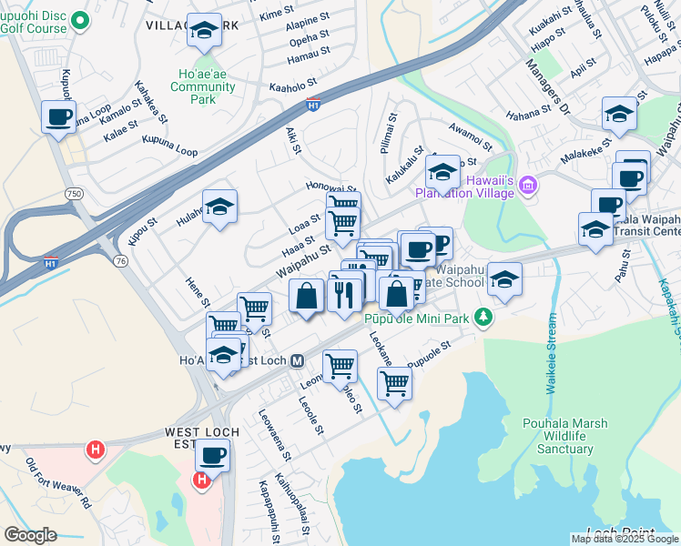 map of restaurants, bars, coffee shops, grocery stores, and more near 94-265 Leowahine Street in Waipahu