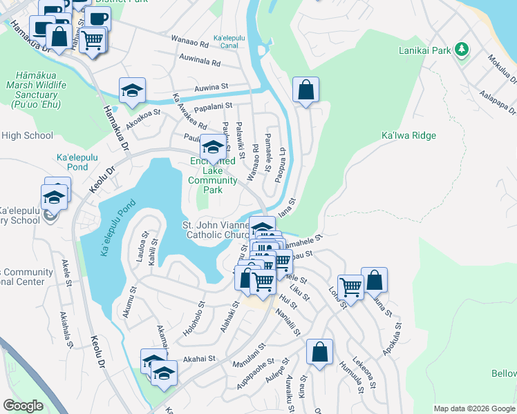 map of restaurants, bars, coffee shops, grocery stores, and more near 705 Paopua Loop in Kailua