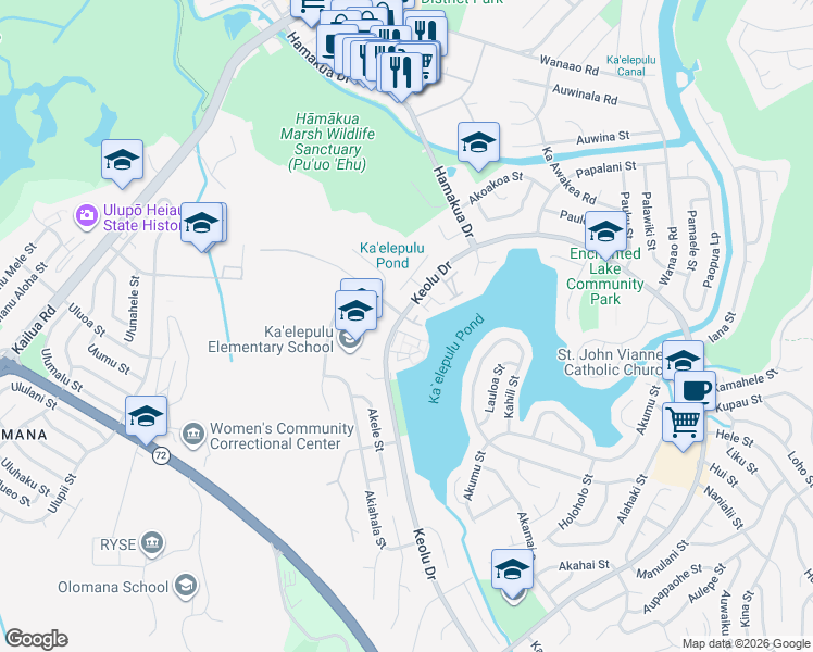 map of restaurants, bars, coffee shops, grocery stores, and more near 555 Keolu Drive in Kailua