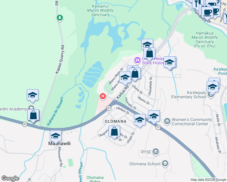 map of restaurants, bars, coffee shops, grocery stores, and more near 1372 Manu Aloha Street in Kailua