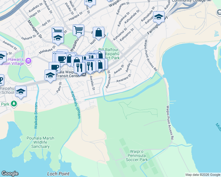 map of restaurants, bars, coffee shops, grocery stores, and more near 94-972 Awamoku Place in Waipahu