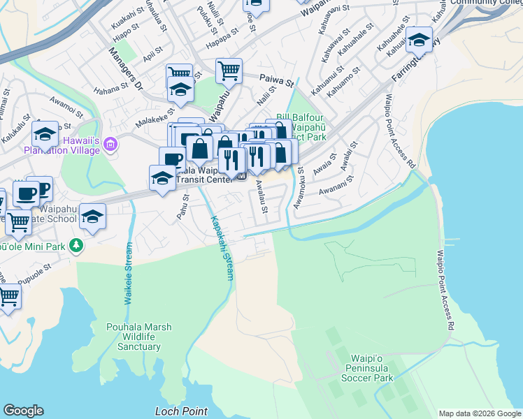 map of restaurants, bars, coffee shops, grocery stores, and more near 94-126 Awalau Street in Waipahu