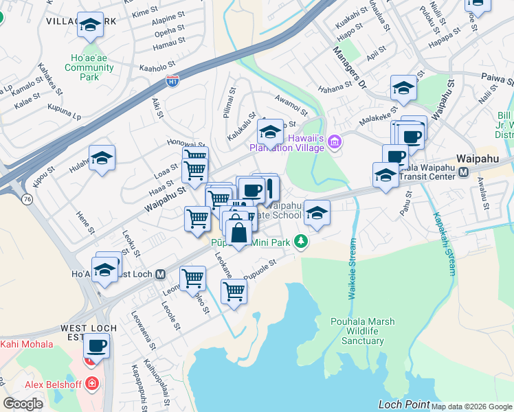 map of restaurants, bars, coffee shops, grocery stores, and more near 94-403 Pupukupa Street in Waipahu