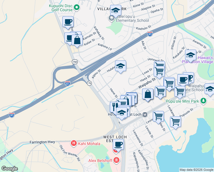 map of restaurants, bars, coffee shops, grocery stores, and more near 94-389 Hene Street in Waipahu