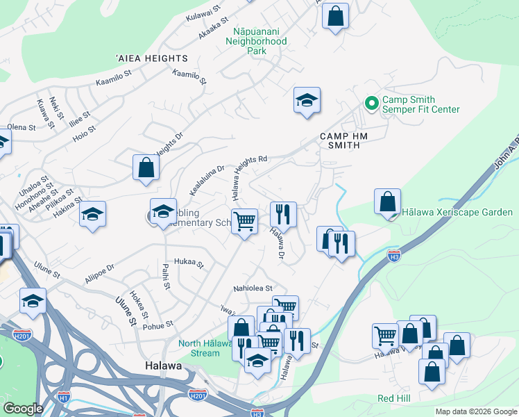 map of restaurants, bars, coffee shops, grocery stores, and more near 99-606 Haaheo Place in Aiea