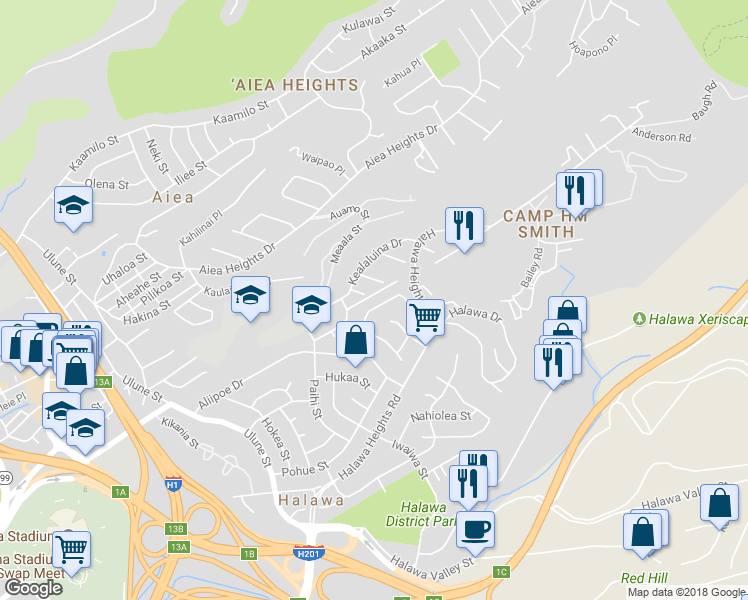 map of restaurants, bars, coffee shops, grocery stores, and more near 99-931 Lalawai Drive in Aiea