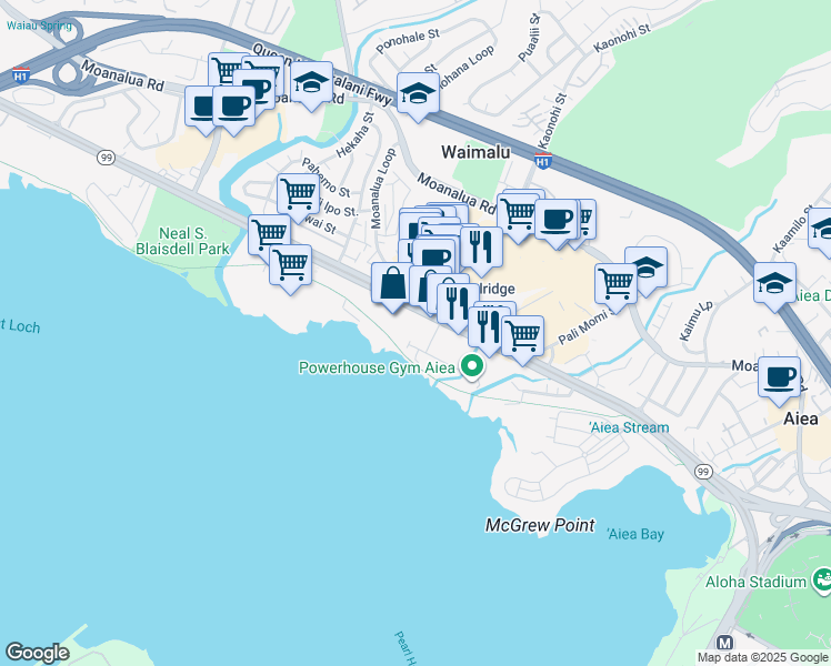 map of restaurants, bars, coffee shops, grocery stores, and more near 98-107 Lipoa Place in Aiea