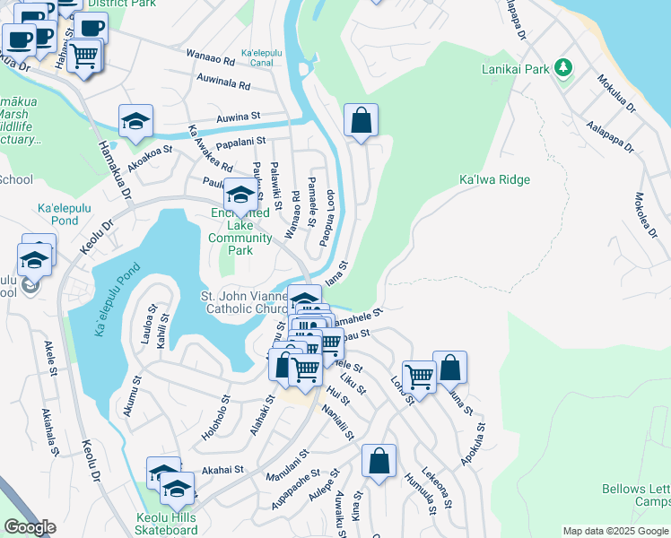 map of restaurants, bars, coffee shops, grocery stores, and more near 728 Iana Street in Kailua