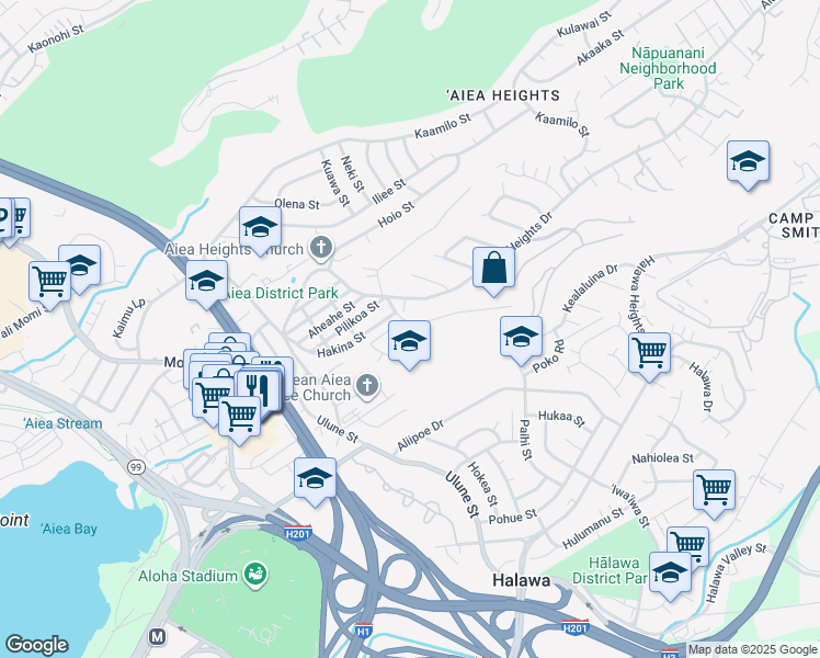 map of restaurants, bars, coffee shops, grocery stores, and more near 99-456 Poaha Place in Aiea