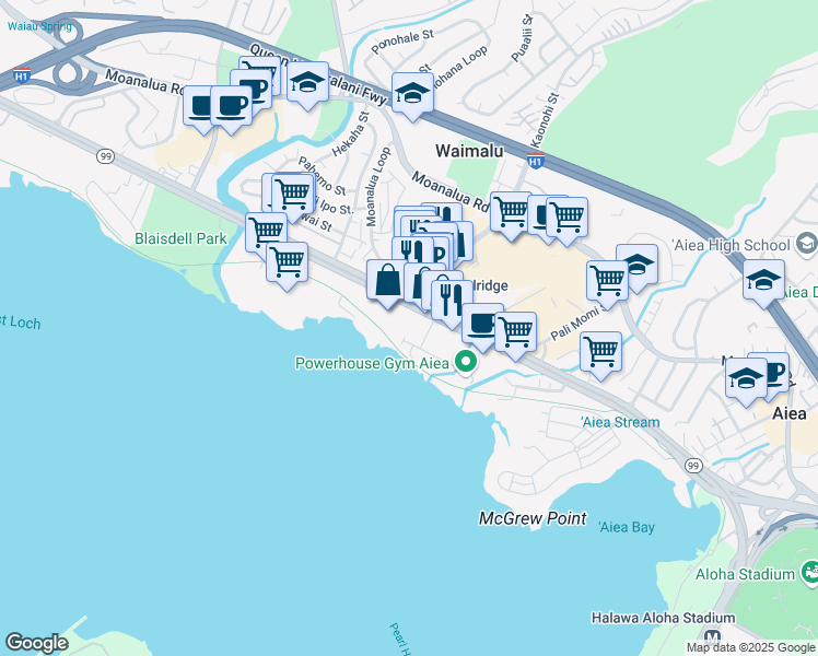 map of restaurants, bars, coffee shops, grocery stores, and more near 98-107 Lipoa Place in Aiea