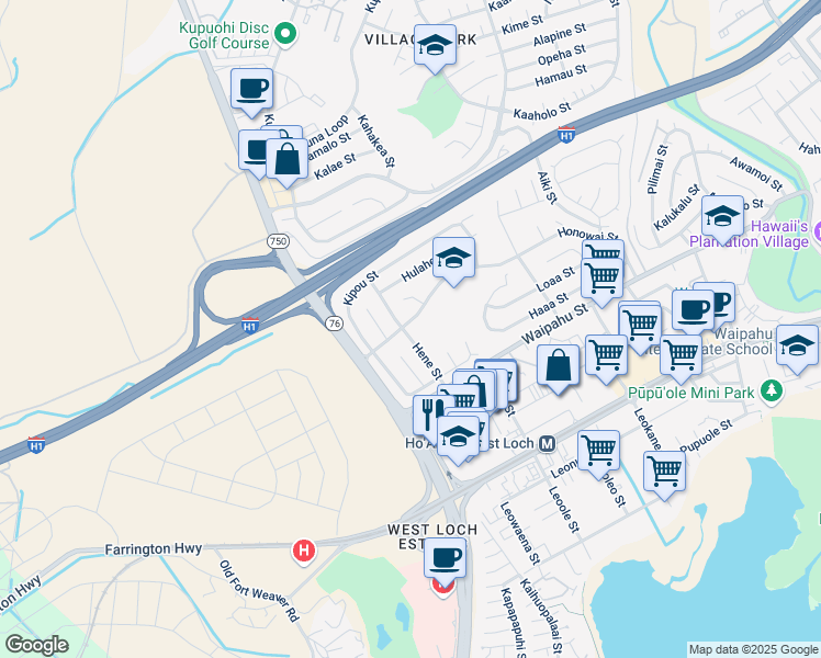 map of restaurants, bars, coffee shops, grocery stores, and more near 94-389 Hene Street in Waipahu