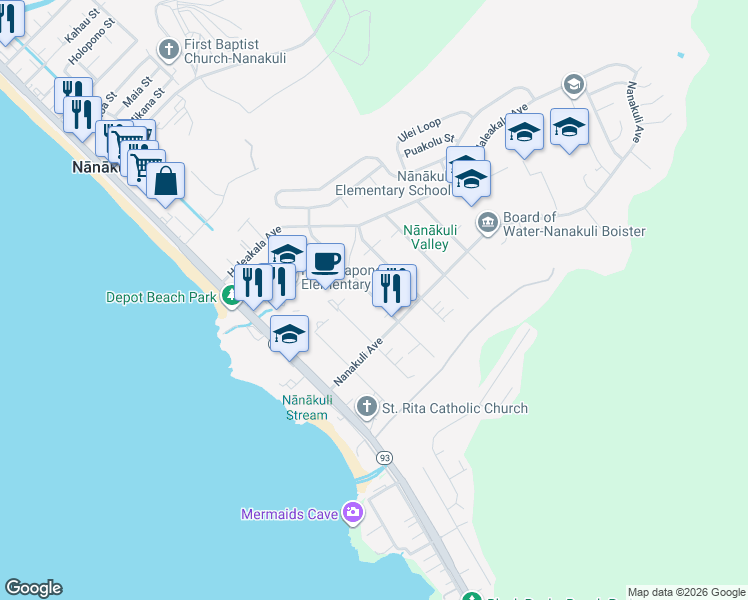 map of restaurants, bars, coffee shops, grocery stores, and more near 89-249 Mano Avenue in Waianae