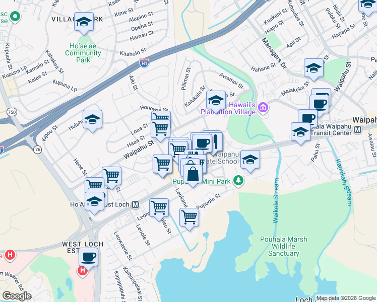 map of restaurants, bars, coffee shops, grocery stores, and more near 94-230 Pupukui Street in Waipahu