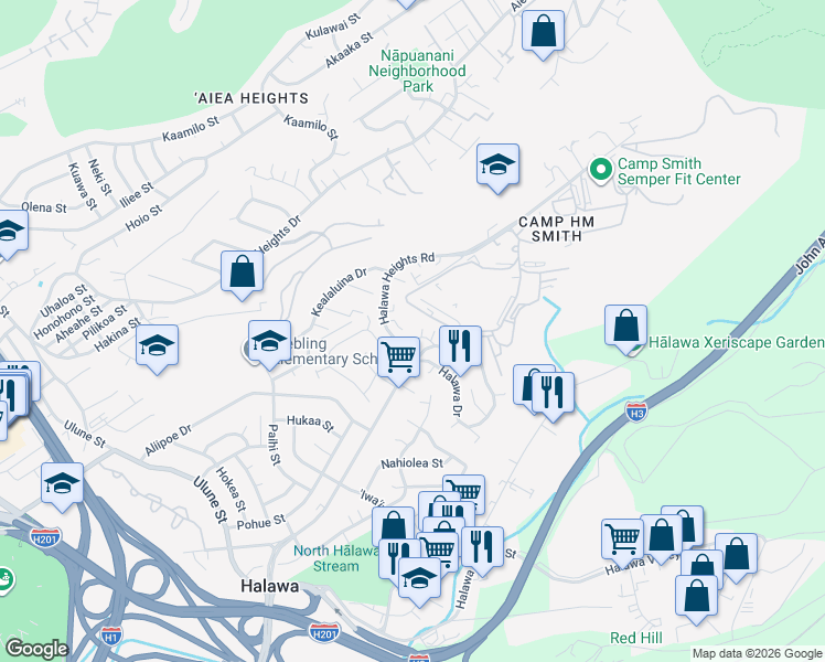 map of restaurants, bars, coffee shops, grocery stores, and more near 99-606 Haaheo Place in Aiea