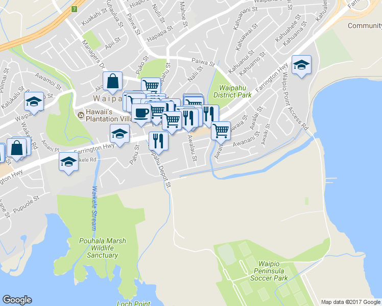 map of restaurants, bars, coffee shops, grocery stores, and more near 94-126 Awalau Street in Waipahu