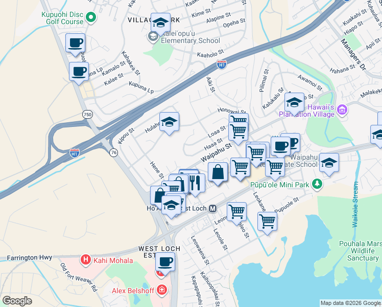 map of restaurants, bars, coffee shops, grocery stores, and more near 94-311 Haaa Street in Waipahu