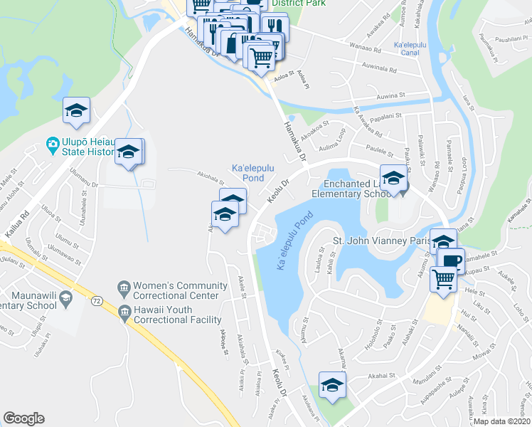 map of restaurants, bars, coffee shops, grocery stores, and more near 555 Keolu Drive in Kailua