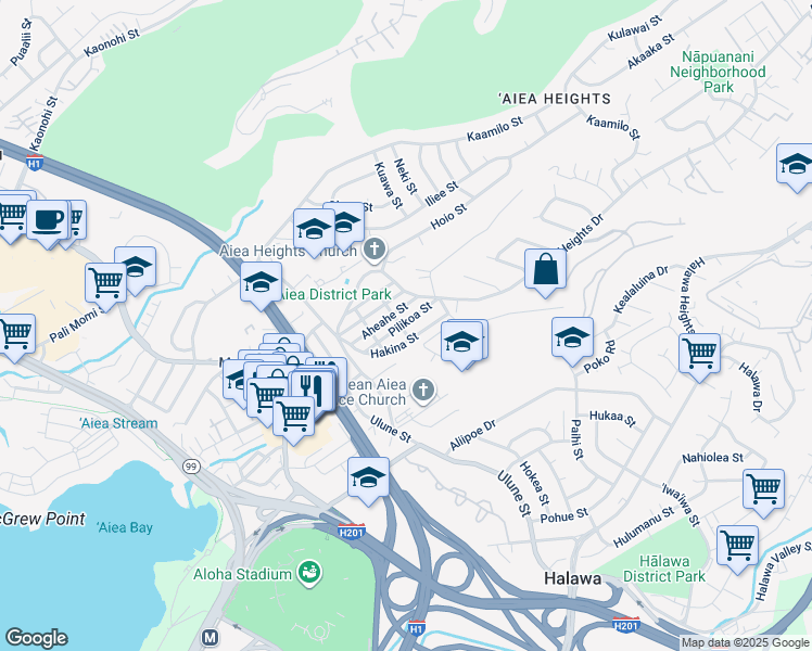 map of restaurants, bars, coffee shops, grocery stores, and more near 99-407 Pilikoa Street in Aiea