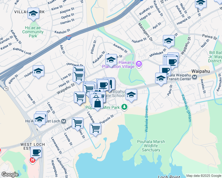 map of restaurants, bars, coffee shops, grocery stores, and more near 94-403 Pupukupa Street in Waipahu