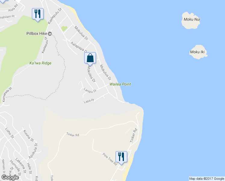 map of restaurants, bars, coffee shops, grocery stores, and more near 1527 Mokulua Drive in Kailua