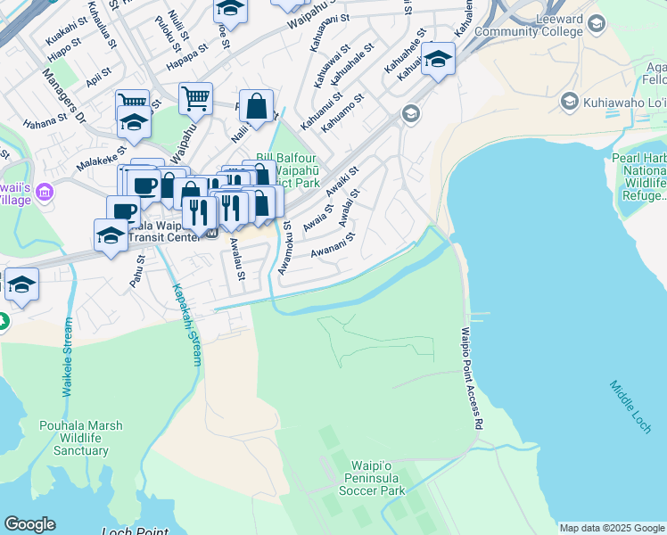 map of restaurants, bars, coffee shops, grocery stores, and more near 94-1037 Maikai Street in Waipahu