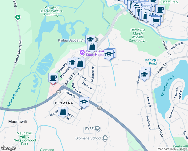 map of restaurants, bars, coffee shops, grocery stores, and more near 1254 Ulupii Street in Kailua