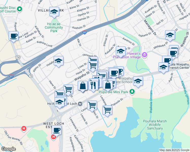 map of restaurants, bars, coffee shops, grocery stores, and more near 94-265 Leowahine Street in Waipahu