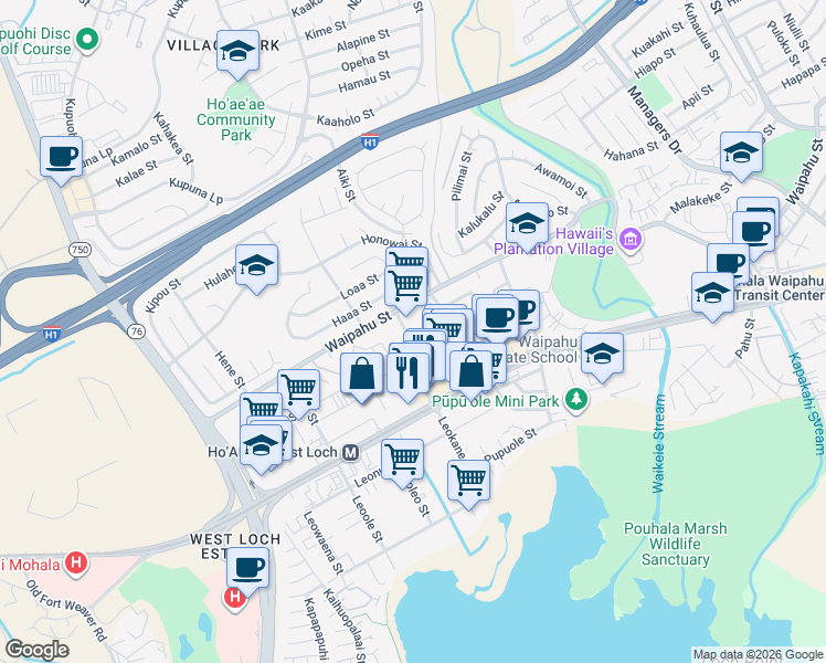 map of restaurants, bars, coffee shops, grocery stores, and more near 94-265 Leowahine Street in Waipahu