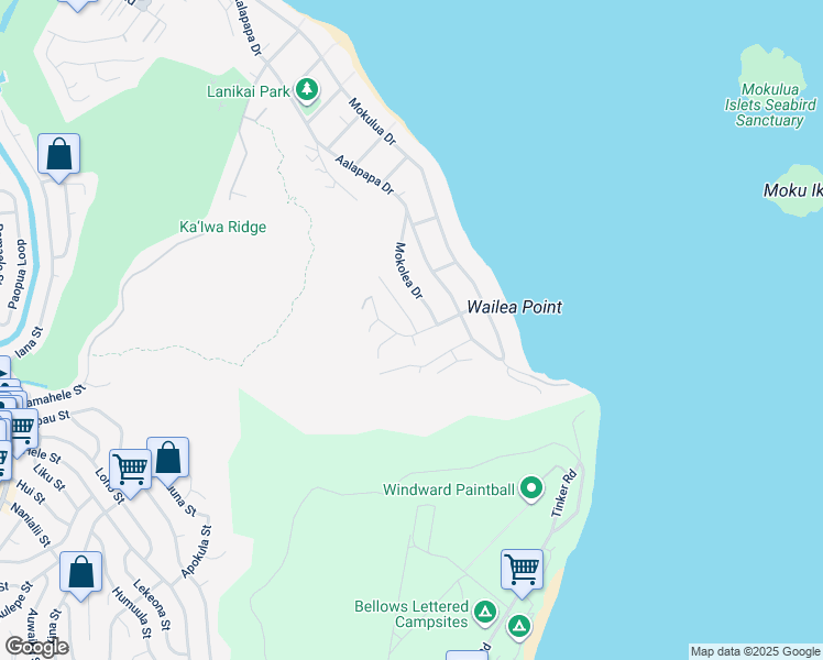 map of restaurants, bars, coffee shops, grocery stores, and more near 1455 Kehaulani Drive in Kailua