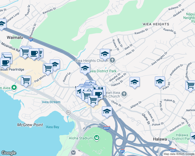 map of restaurants, bars, coffee shops, grocery stores, and more near 99-226 Wiliko Street in Aiea