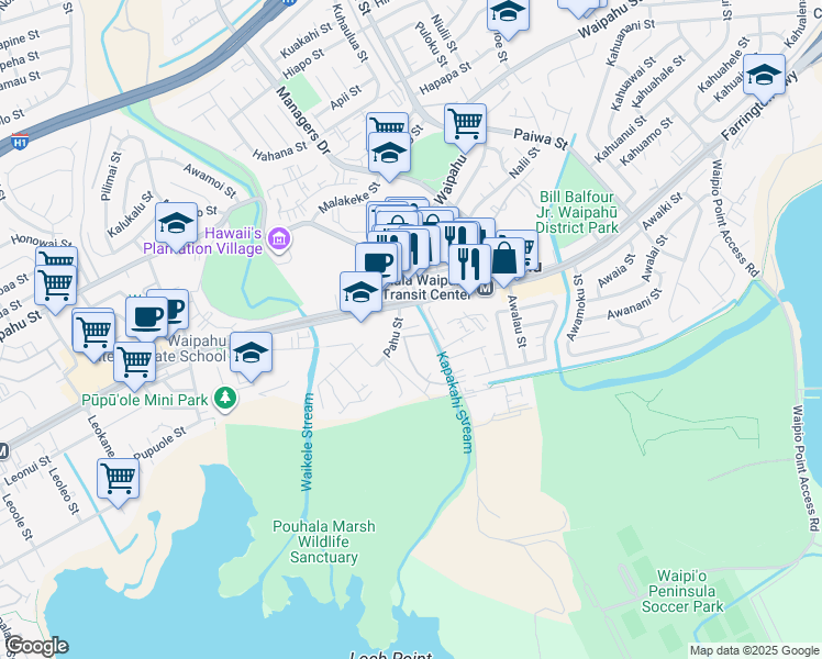 map of restaurants, bars, coffee shops, grocery stores, and more near 94-133 Pahu Street in Waipahu