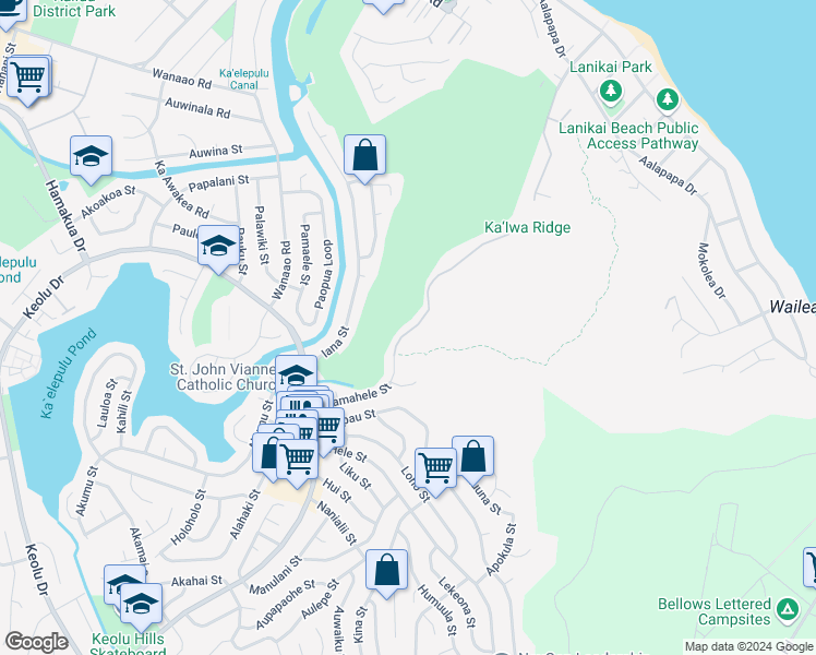 map of restaurants, bars, coffee shops, grocery stores, and more near 1320 Kamahele Street in Kailua