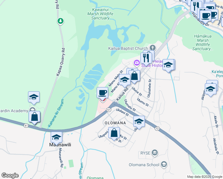 map of restaurants, bars, coffee shops, grocery stores, and more near 1372 Manu Aloha Street in Kailua