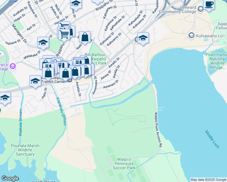 map of restaurants, bars, coffee shops, grocery stores, and more near 94-1037 Maikai Street in Waipahu