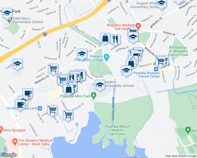 map of restaurants, bars, coffee shops, grocery stores, and more near 94-500 Farrington Highway in Waipahu