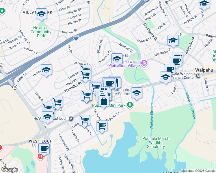 map of restaurants, bars, coffee shops, grocery stores, and more near 94-230 Pupukui Street in Waipahu