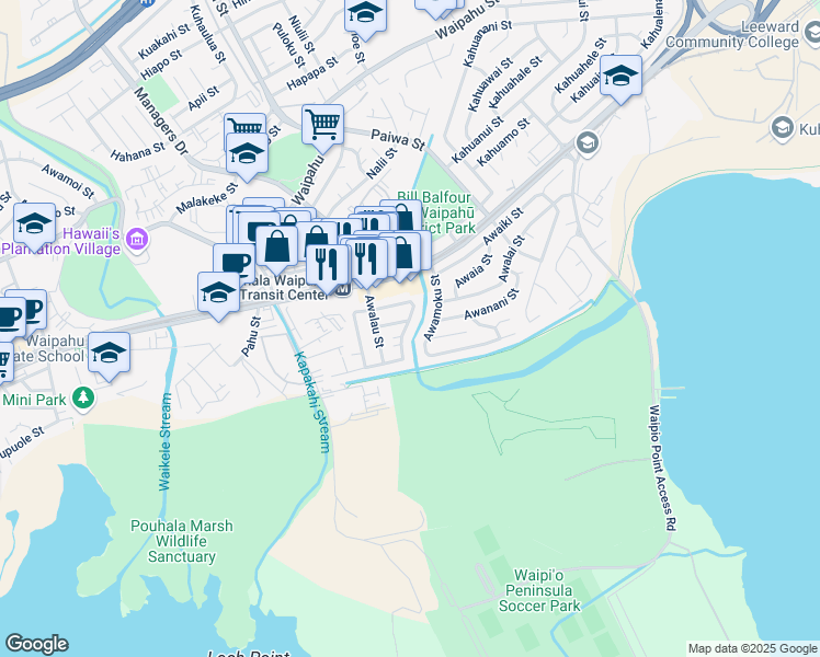 map of restaurants, bars, coffee shops, grocery stores, and more near 94-919 Awanei Street in Waipahu