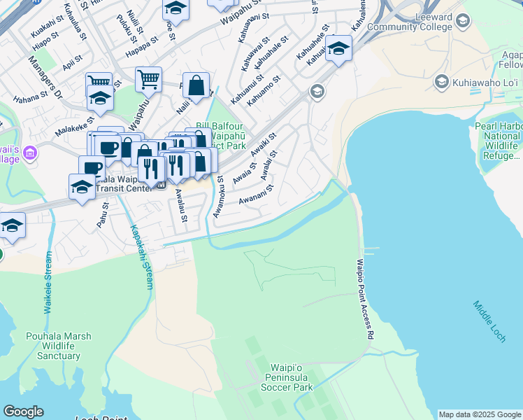 map of restaurants, bars, coffee shops, grocery stores, and more near 94-1037 Maikai Street in Waipahu