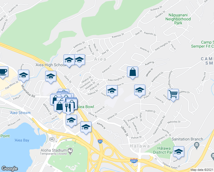 map of restaurants, bars, coffee shops, grocery stores, and more near 99-456 Poaha Place in Aiea
