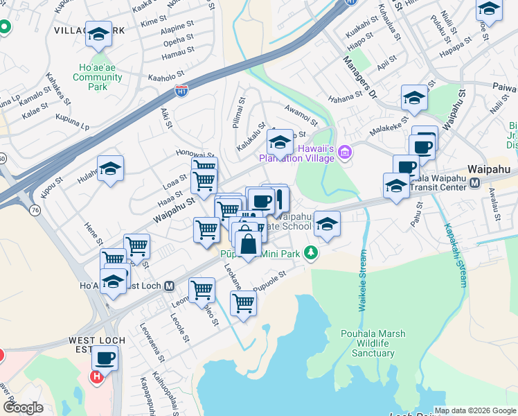 map of restaurants, bars, coffee shops, grocery stores, and more near 94-230 Pupukui Street in Waipahu