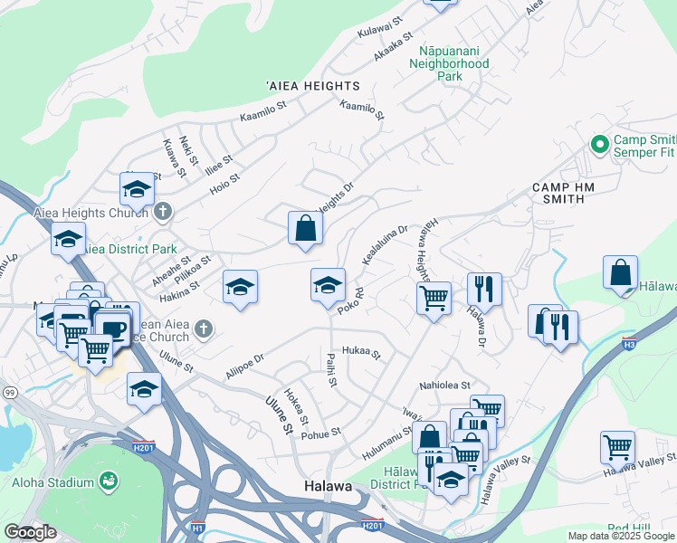 map of restaurants, bars, coffee shops, grocery stores, and more near 99 Meaala Street in Aiea