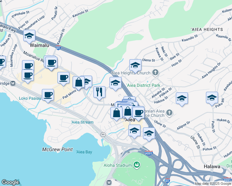 map of restaurants, bars, coffee shops, grocery stores, and more near 98-1230 Moanalua Road in Aiea
