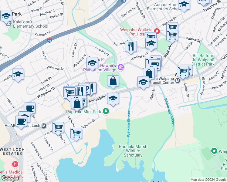 map of restaurants, bars, coffee shops, grocery stores, and more near 94-500 Farrington Highway in Waipahu